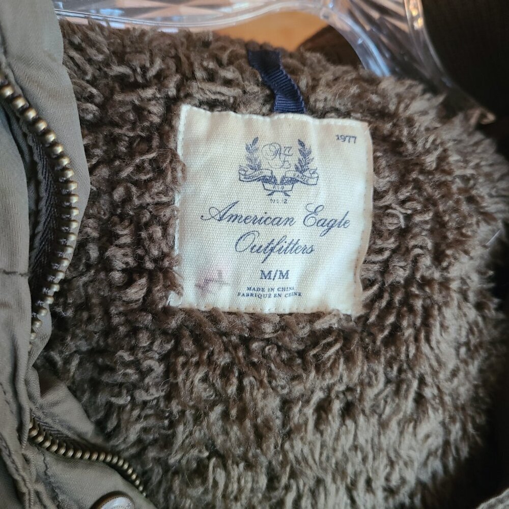 American Eagle Y2K Army Green Military Parka‎ Jacket Faux Fur Hood Sherpa MEDIUM - Picture 4 of 14